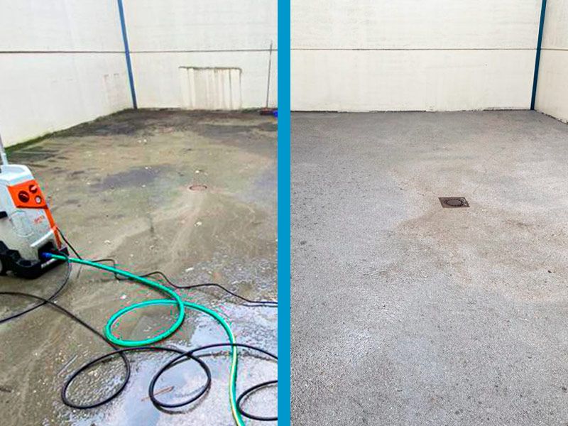 Antes y después de limpieza de suelos y paredes en garaje